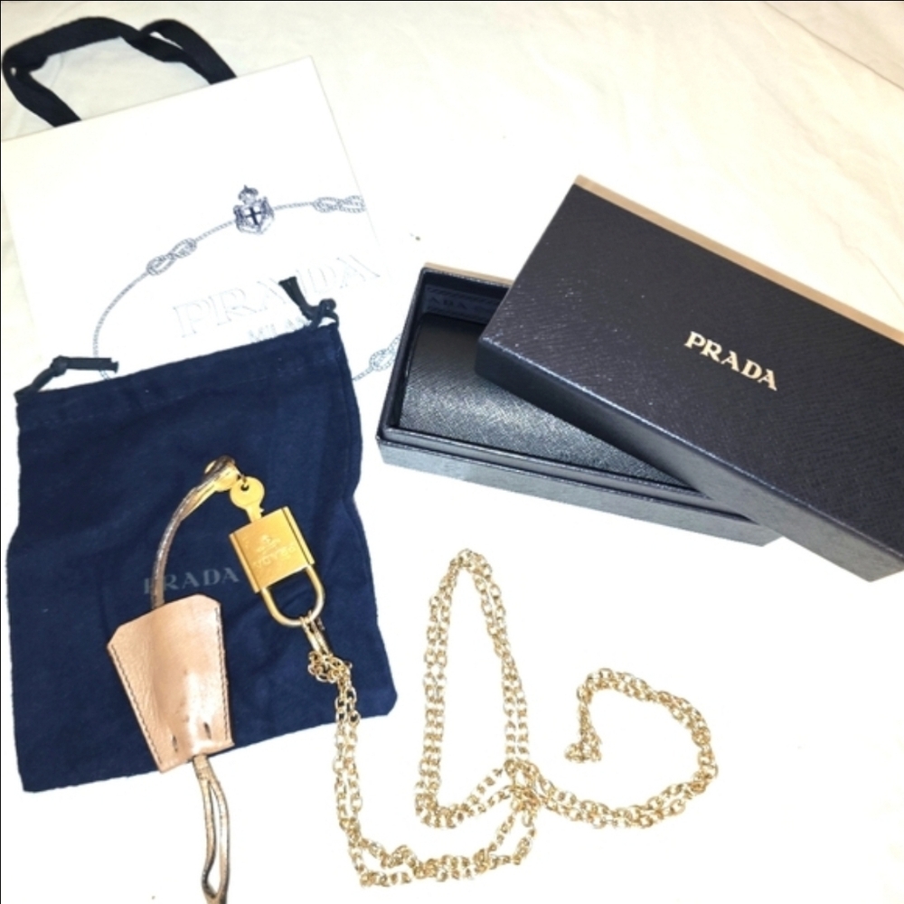 PRADA BUNDLE: LOCK/KEY, CHAIN, CLOCHETTE+Sunglasses Case,Box, Fabric & Paper Bag